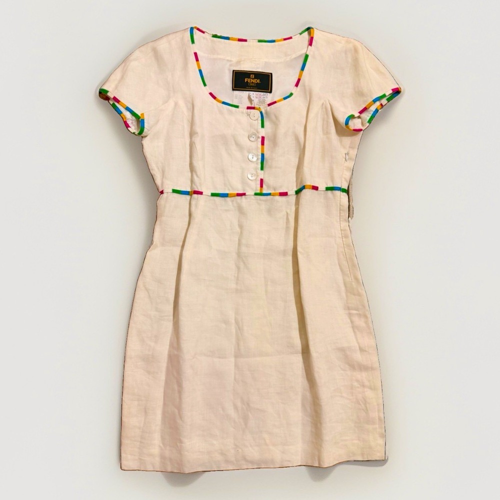 Vintage Fendi 365 Cream Linen Mini Dress Rainbow Trim Made in Italy Size IT 44
